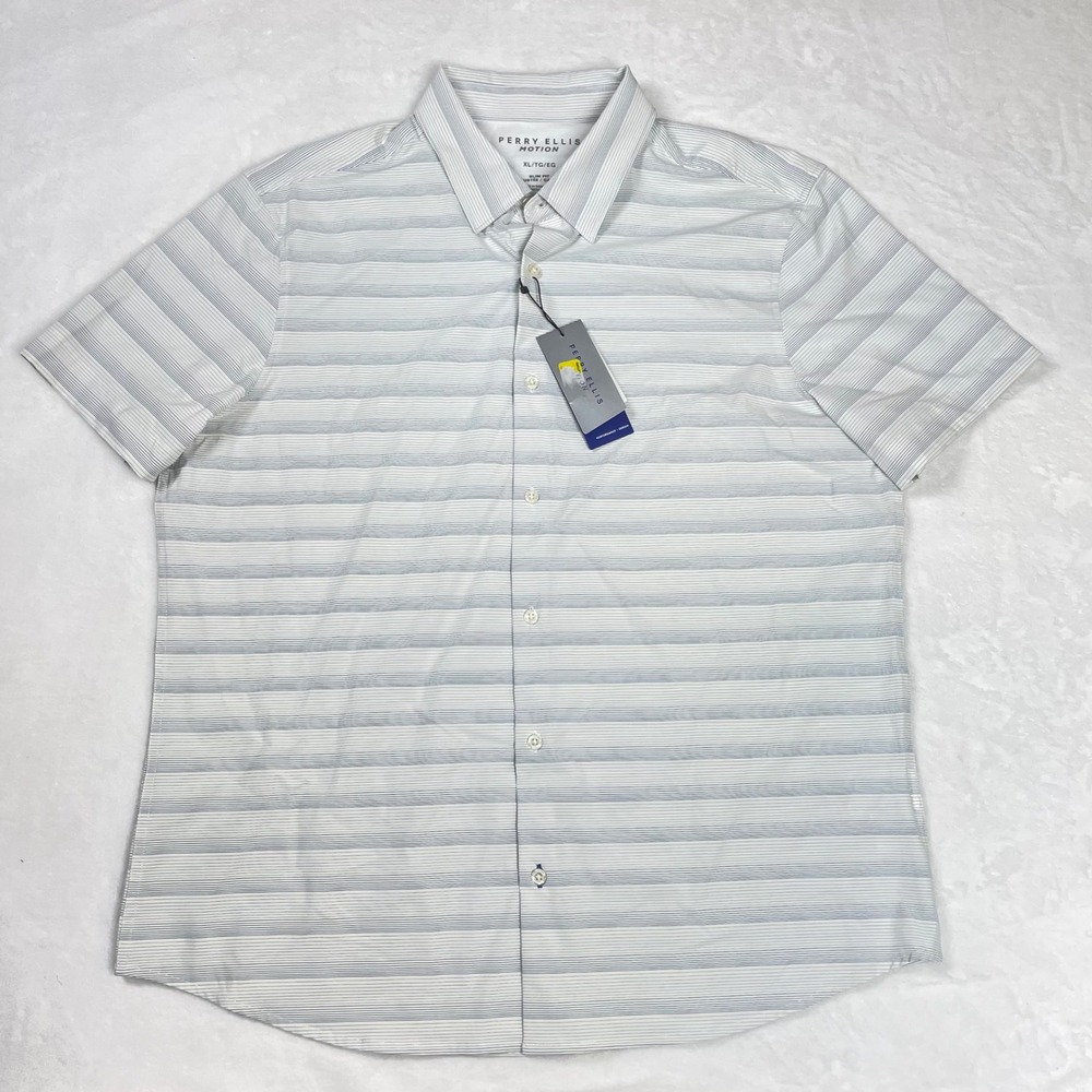 Perry Ellis Motion Button Down Mens XL White NWT Striped Slim Fit 4GSW2004PS